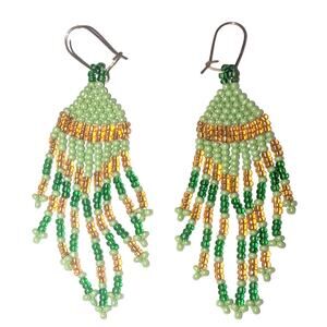 Beaded Earrings Native Boho Tribal Drop Dangle Green Gold Blue 3 inch Handmade